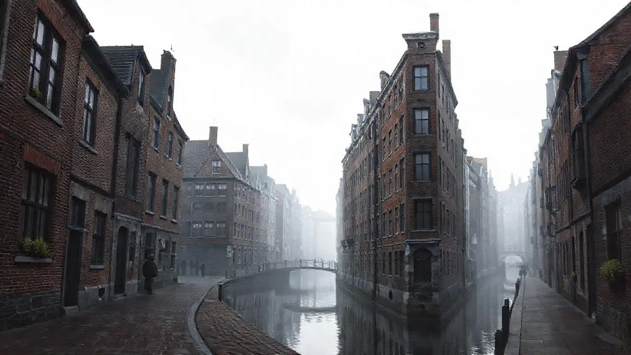Calle antigua y acuosa, atmósfera serena