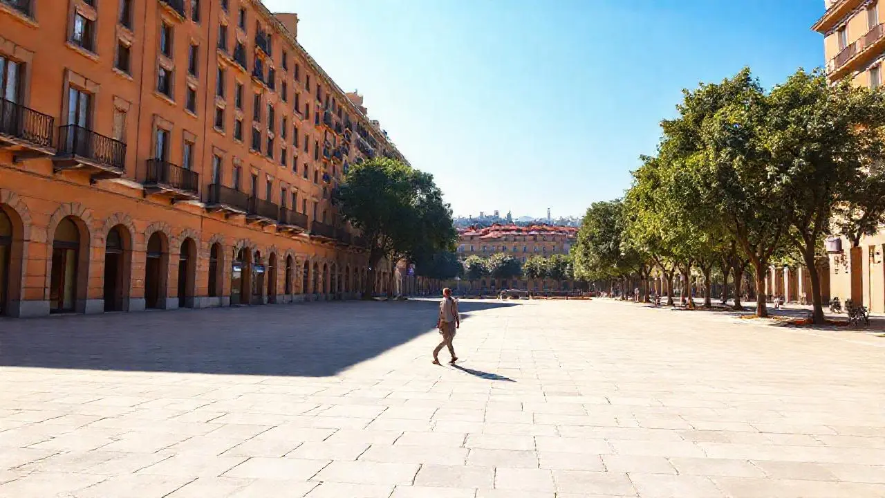Plaza urbana tranquila, luz suave y cálida