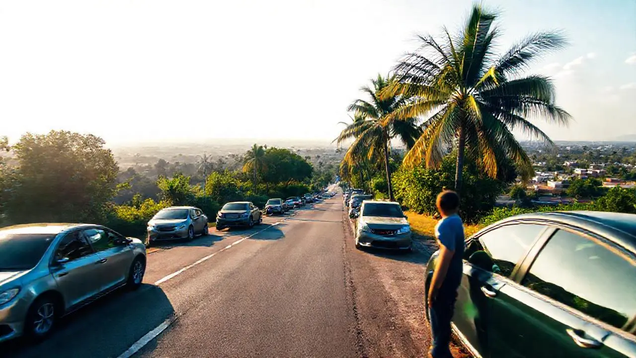 Escena tropical, carretera y figura relajada