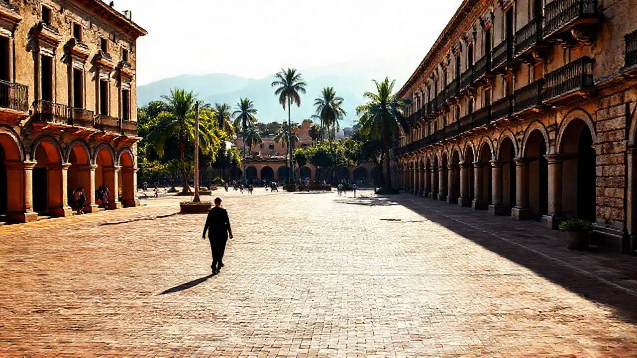 Plaza colonial tranquila, soleada y atmosférica