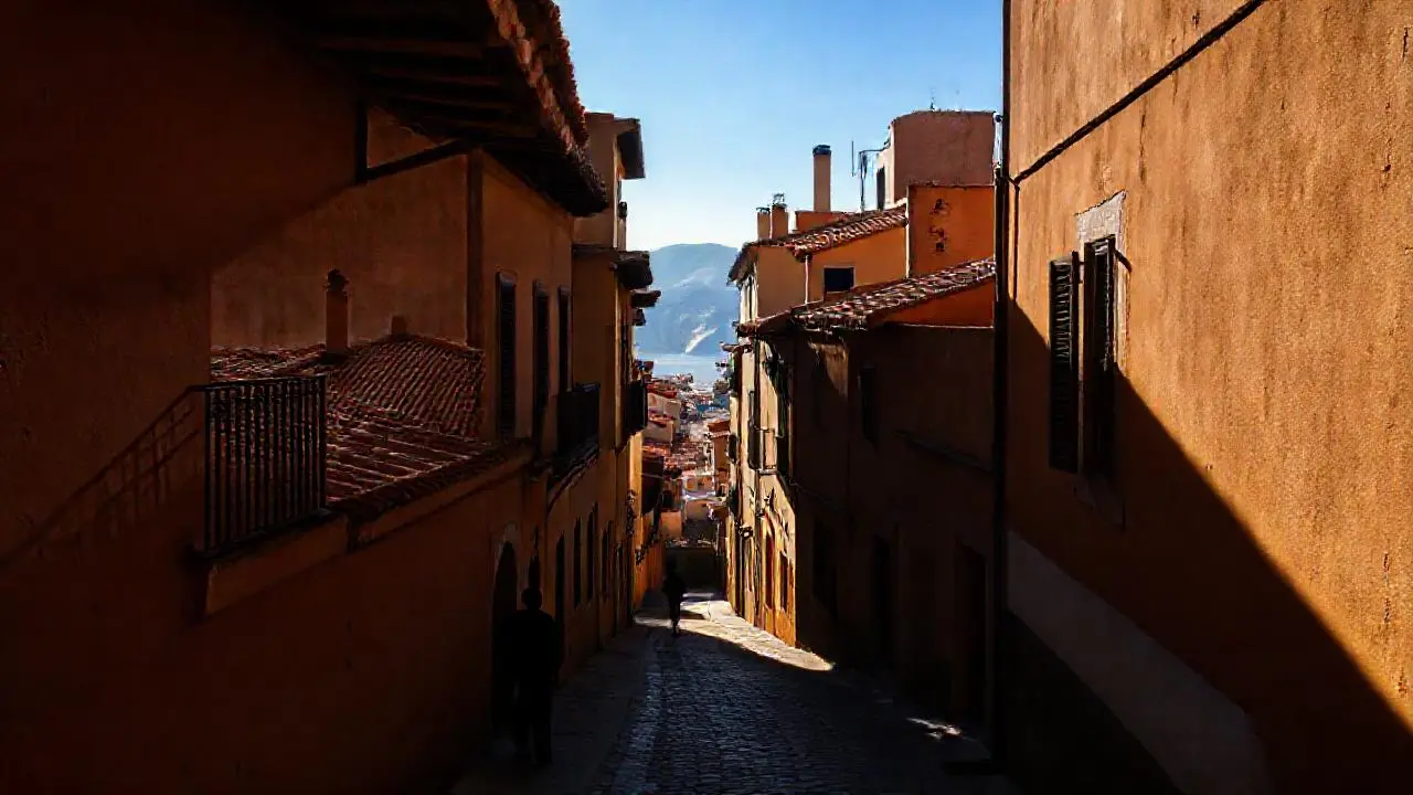 Pueblo español antiguo, tranquilo y soleado