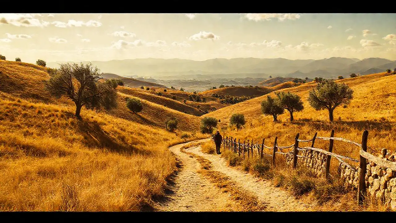 Paisaje rural tranquilo, luz dorada y amplia vista