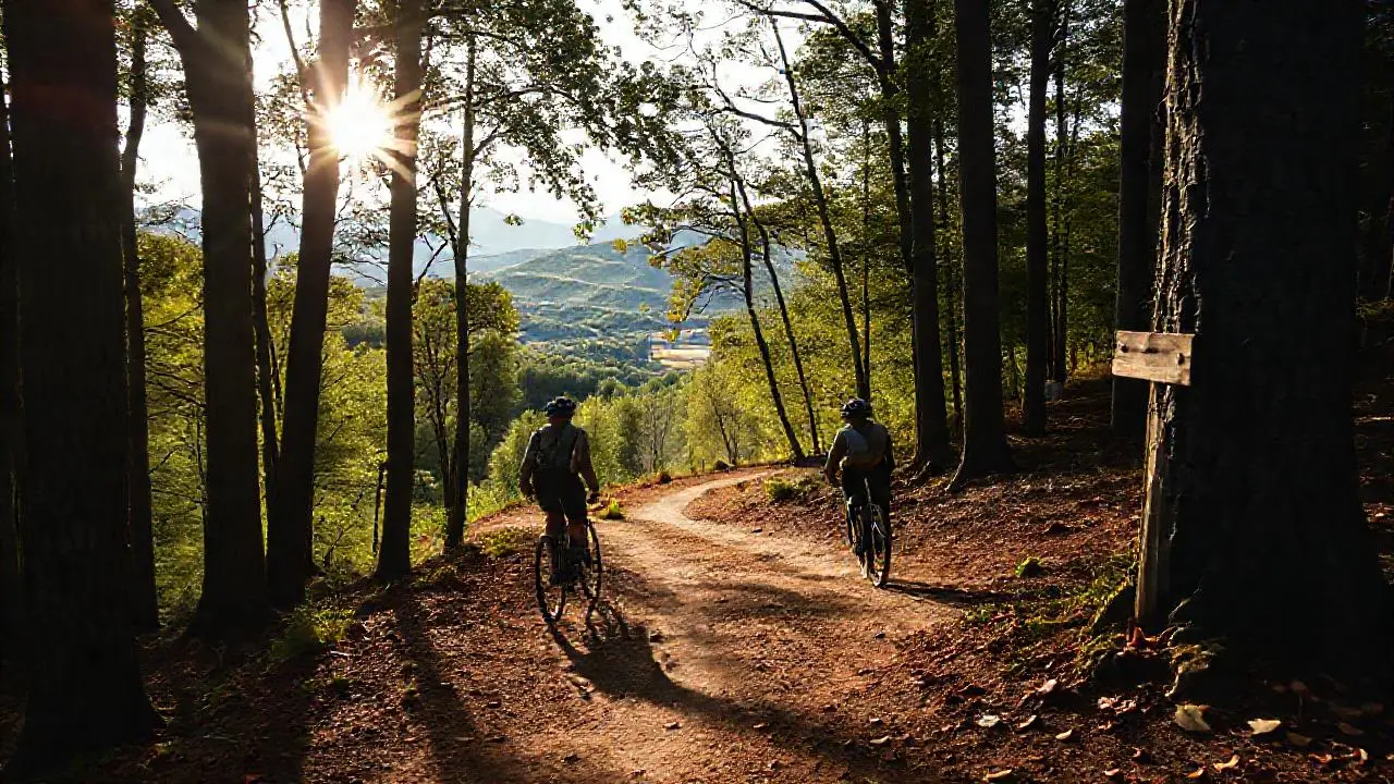 Ciclista en paisaje boscoso, sereno y natural