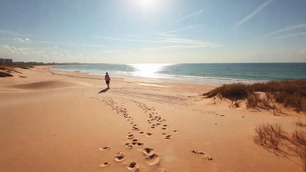 Playa tranquila, figura solitaria, luz natural