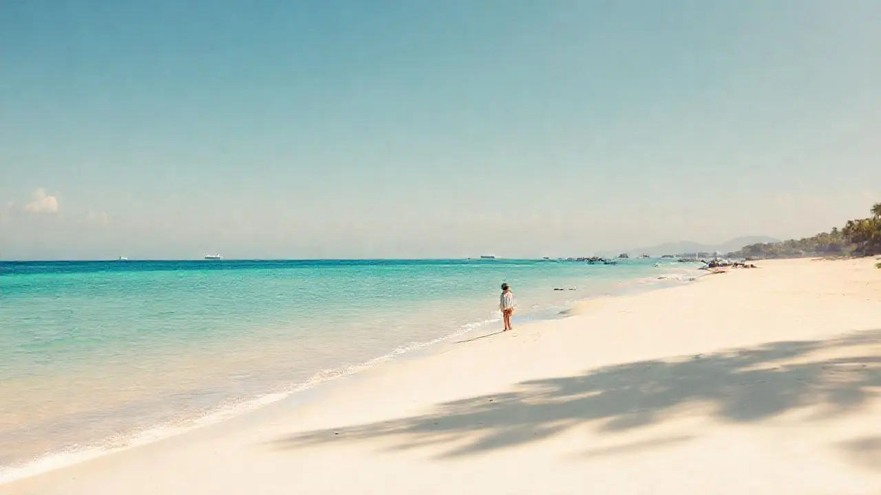Playa serena, luz cálida y horizonte lejano