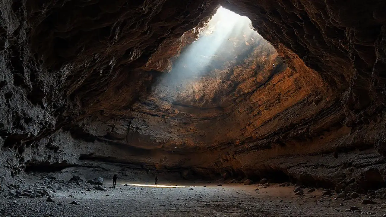 Profunda cueva, minerales, sombras y espacio
