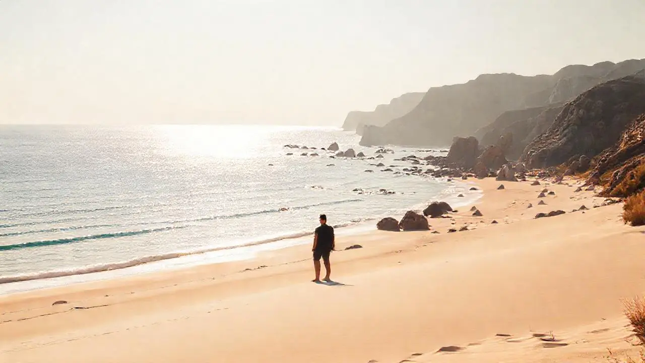Playa tranquila, figura solitaria bajo la luz