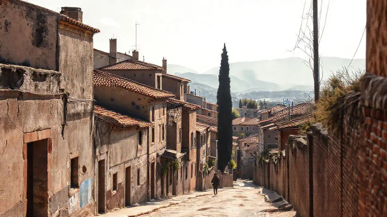 Pueblo antiguo, luz suave y atmósfera cálida