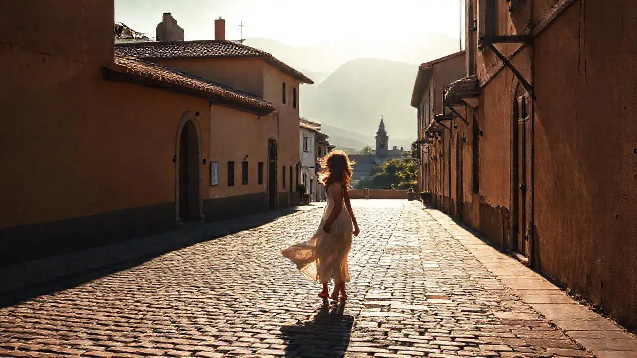 Pueblo antiguo, luz suave, calma serena