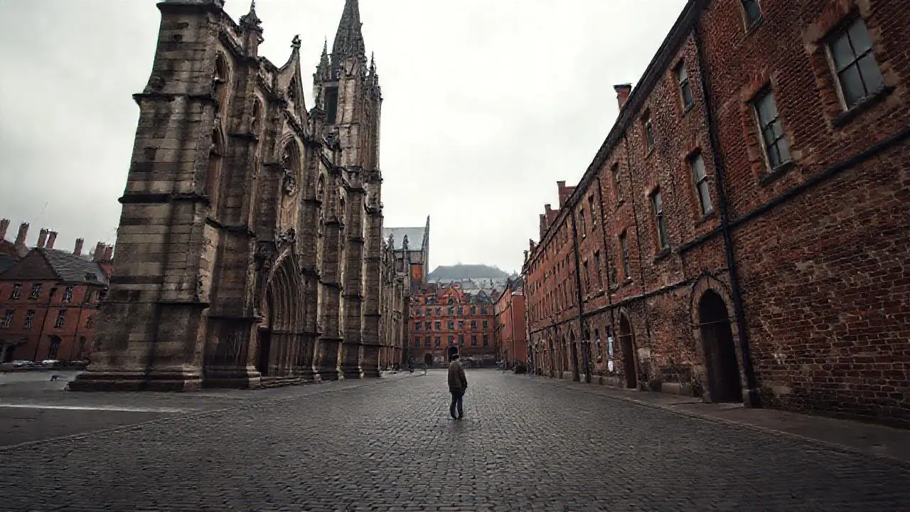 Catedral gótica imponente bajo cielo brumoso