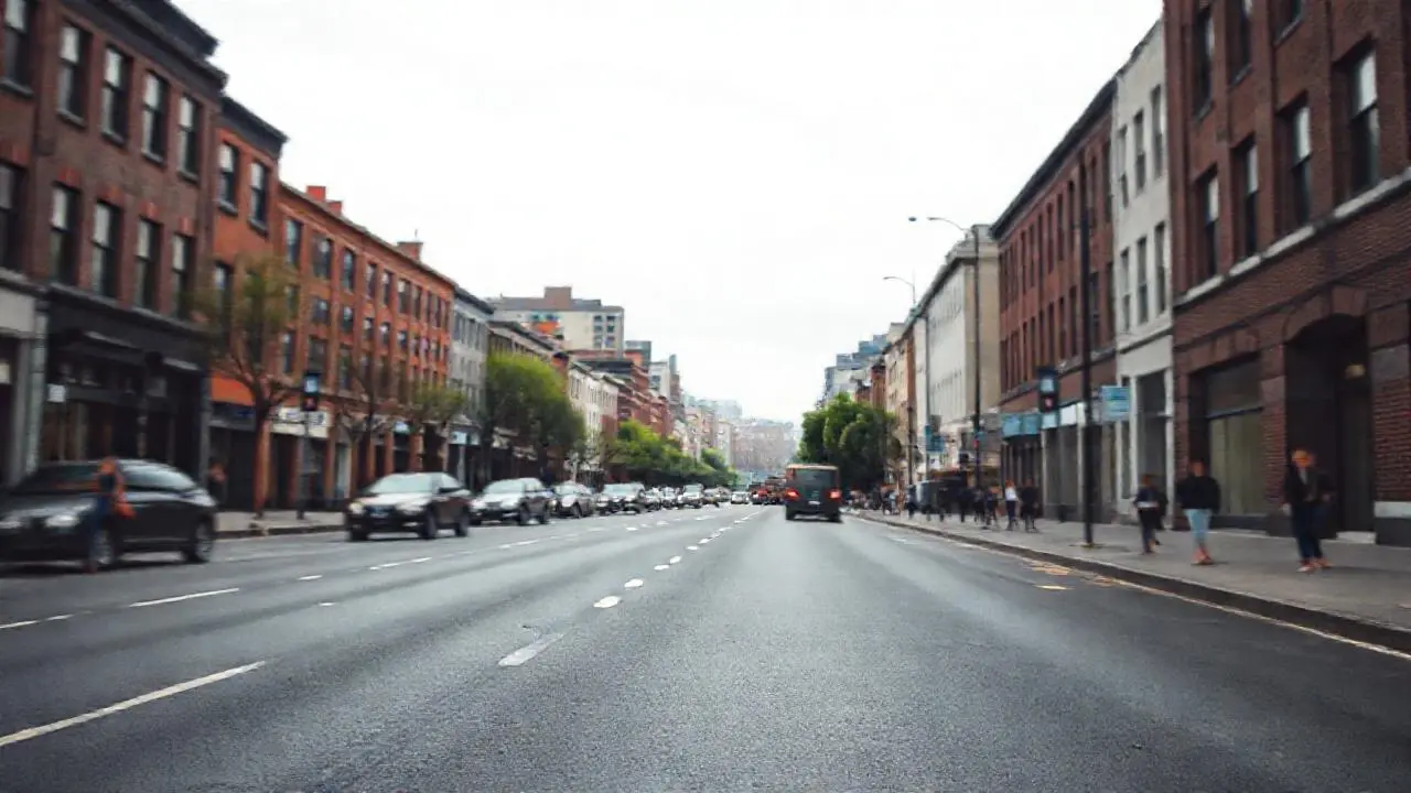 Calle urbana gris, ambiente cotidiano y difuso