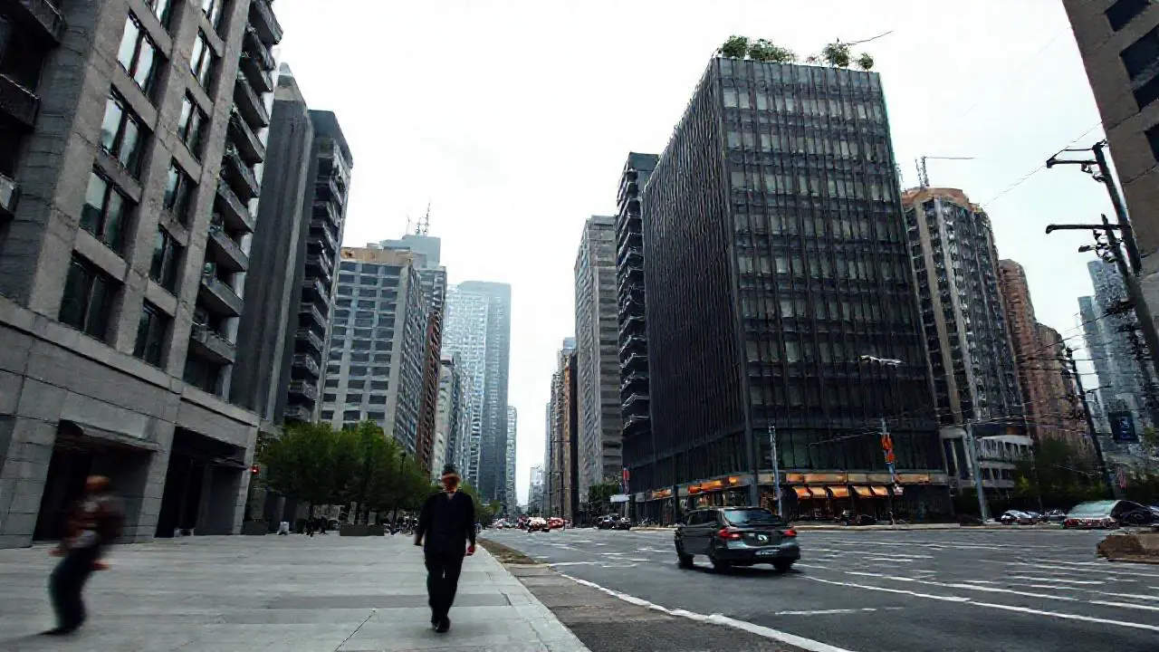 Ciudad moderna, sombría y ligeramente difusa