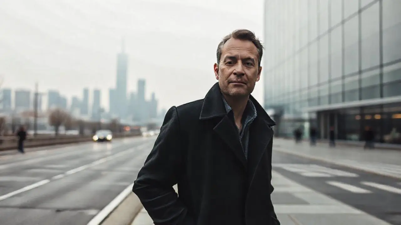 Ciudad moderna, tranquila y ligeramente brumosa