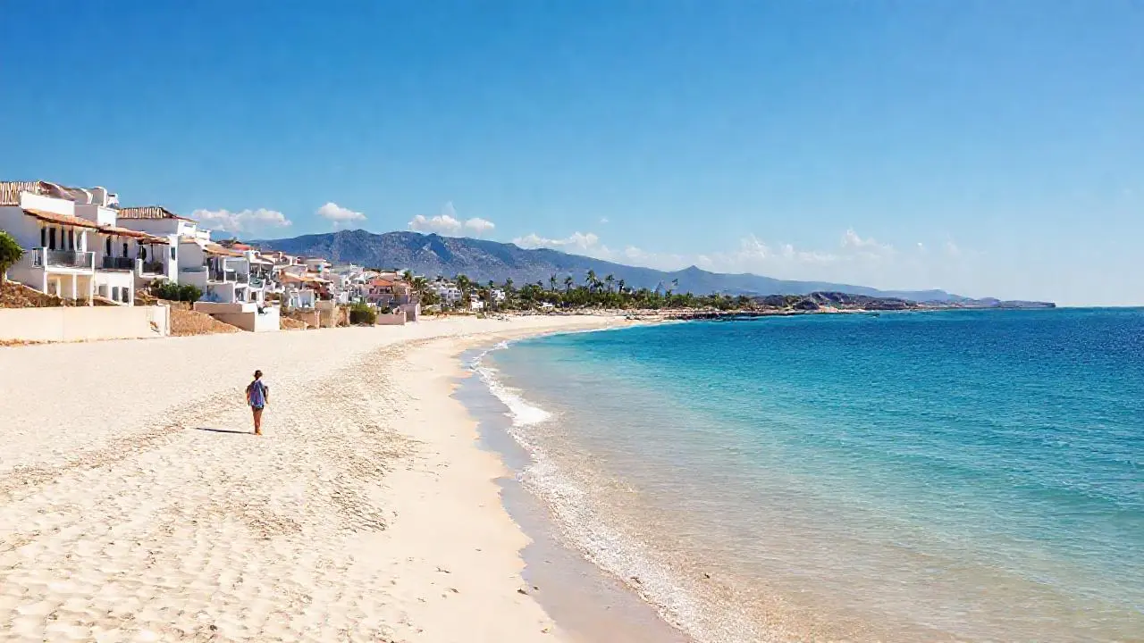 Playa serena, luz cálida y espaciosa