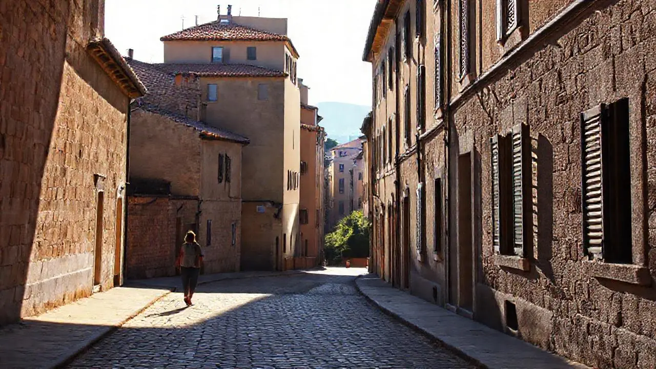 Calle tranquila, luz cálida y nostálgica