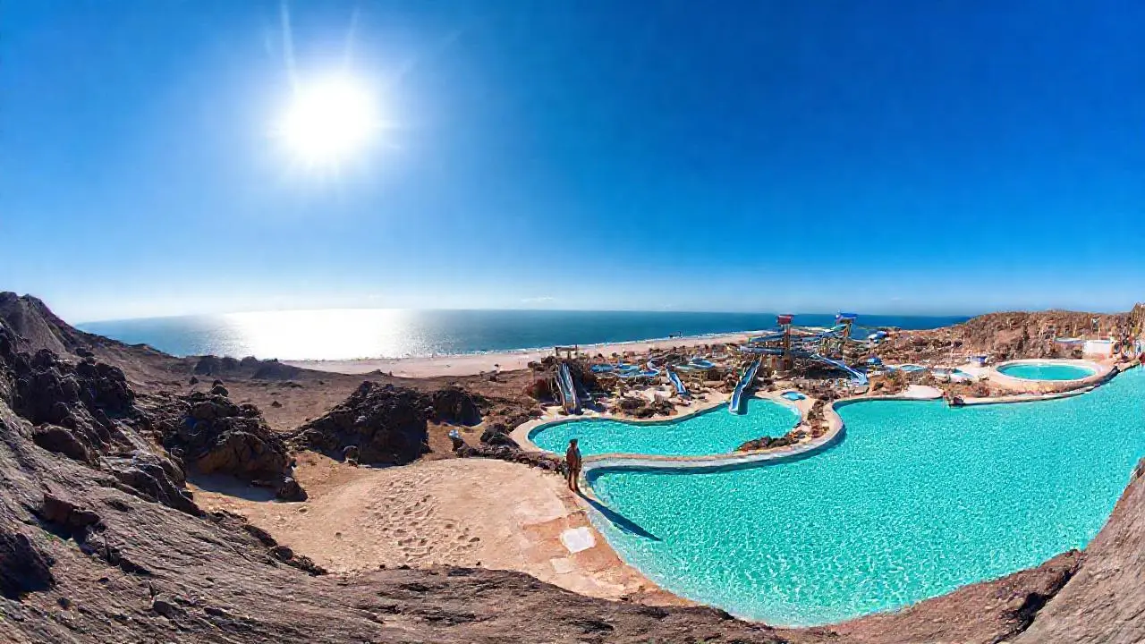 Paisaje costero árido con parque acuático