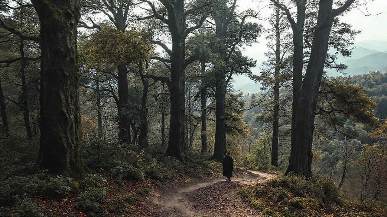 Bosque antiguo, sendero, figura solitaria, ambiente sereno