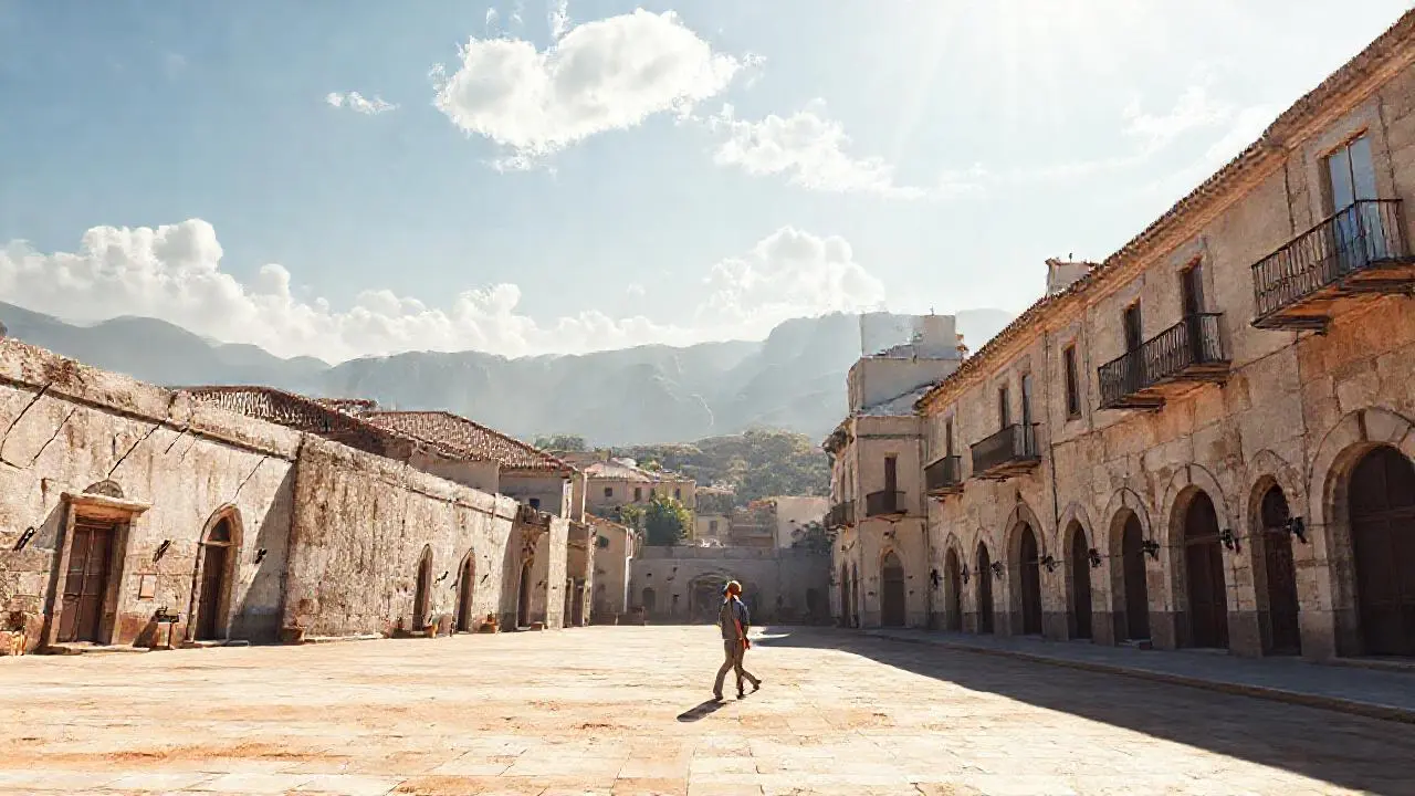 Plaza antigua, cálida y ligeramente brumosa