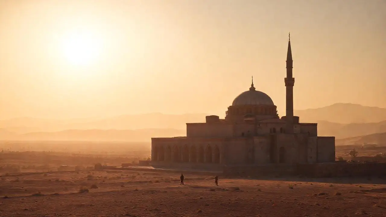Paisaje árido y mosque monumental, sereno
