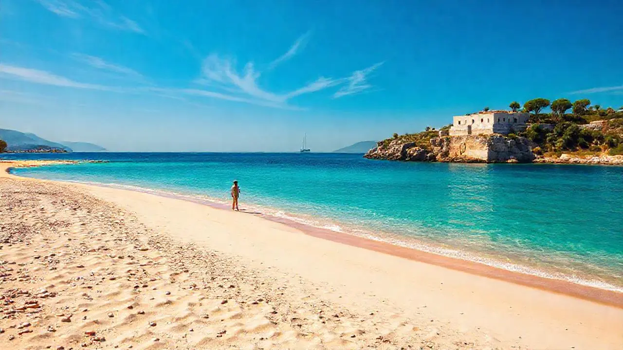 Playa tranquila bajo un cielo azul