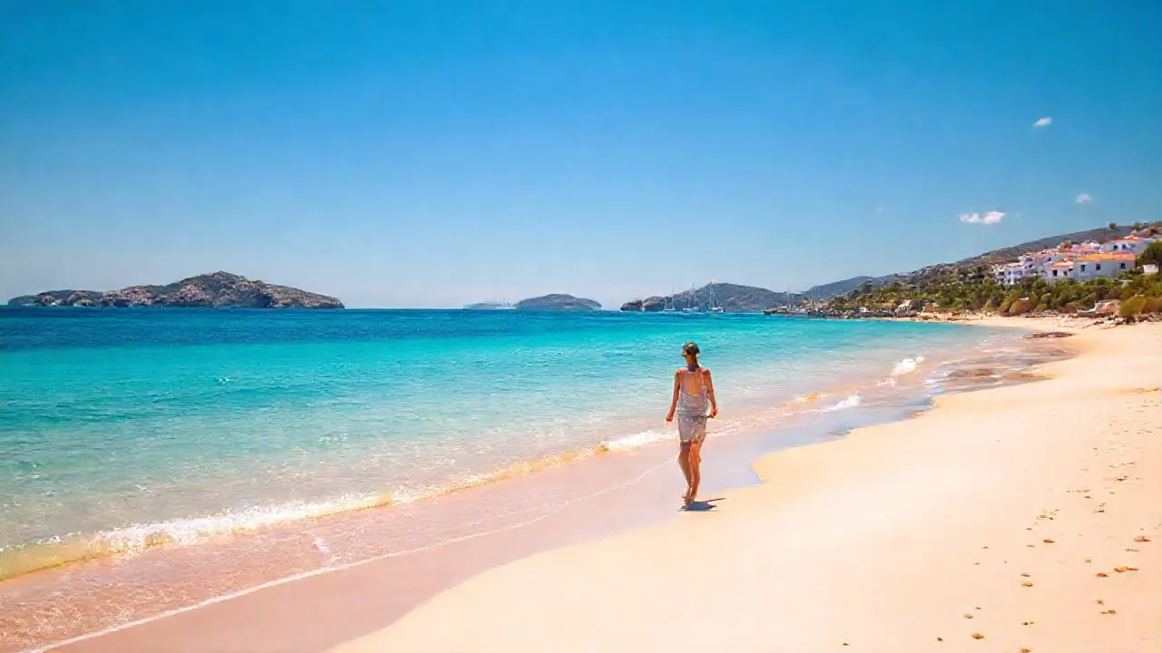 Playa serena, luz cálida, paisaje apacible