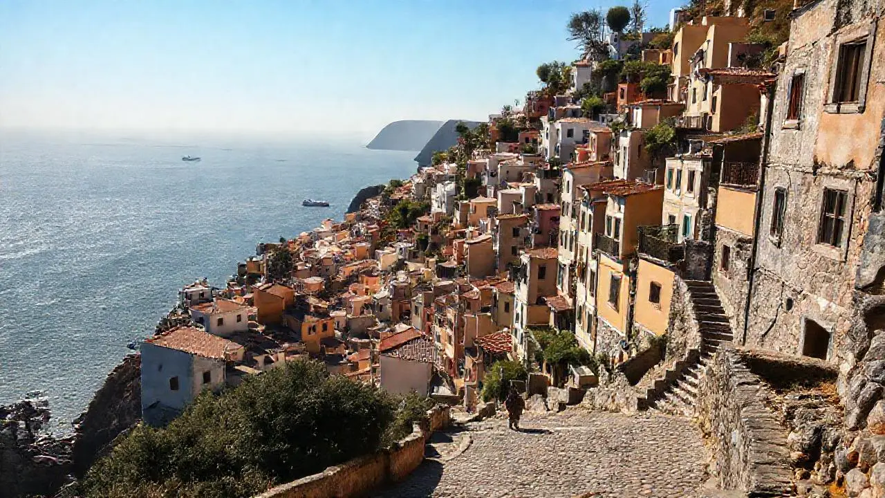 Pueblo costero antiguo, tranquilo y soleado