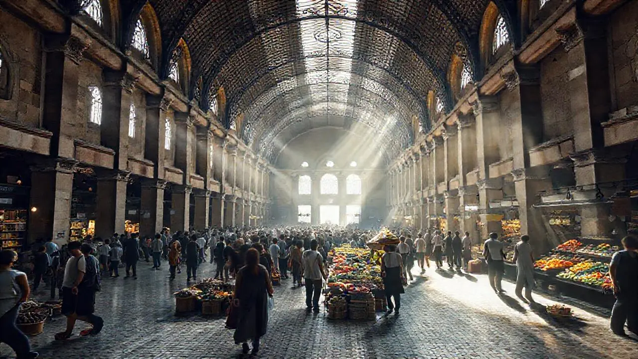 Mercado bullicioso, luz tenue, y perspectiva profunda