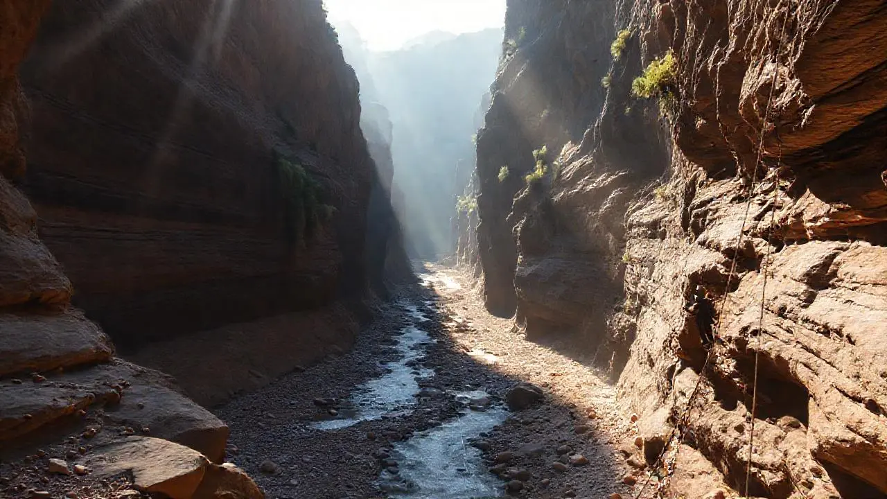 Cañón profundo, descenso solitario, luz tenue