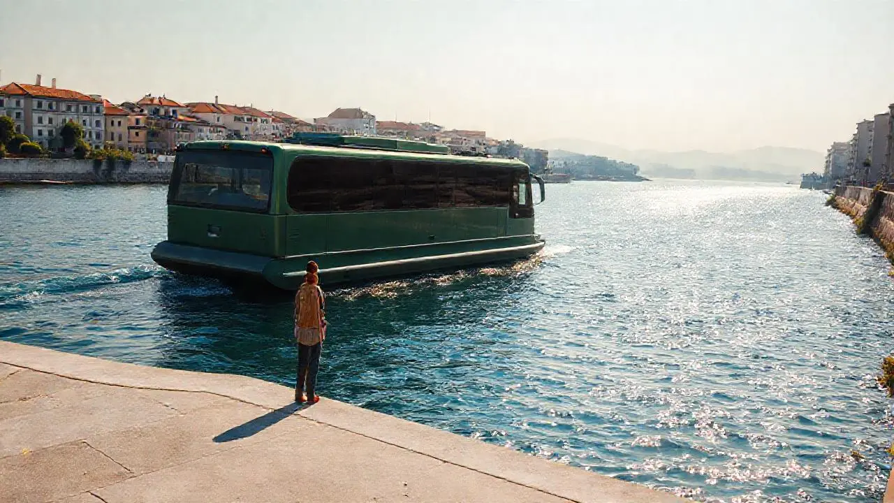 Un autobús acuático navega un río urbano