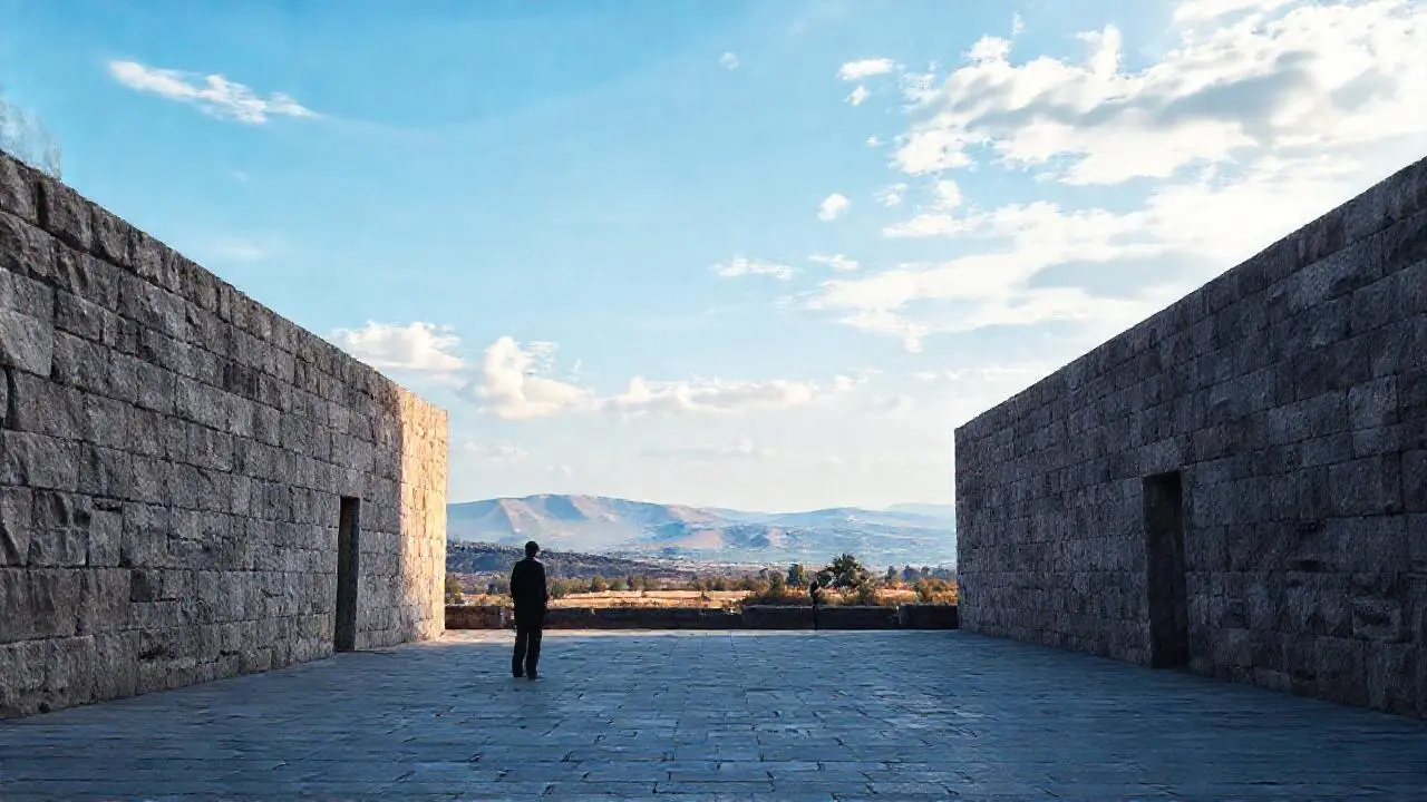 Paisaje sereno y vasto, con figura solitaria