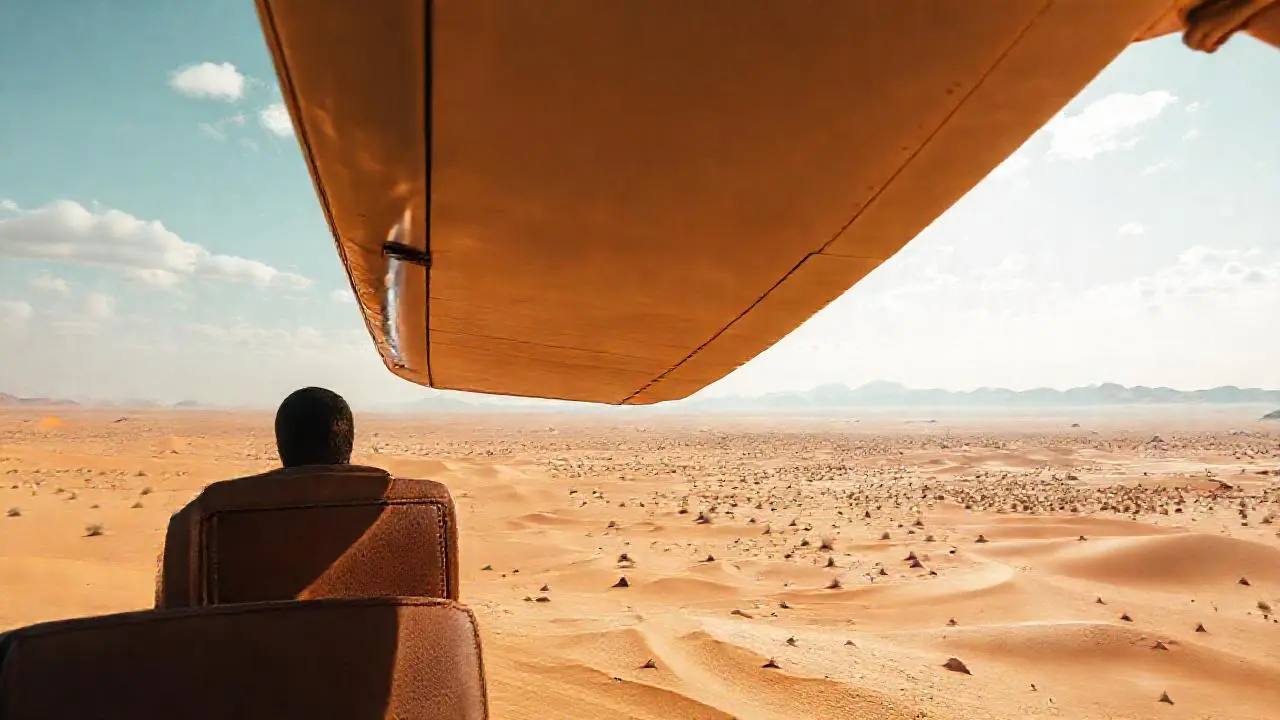 Desierto vasto, avión solitario, luz cálida