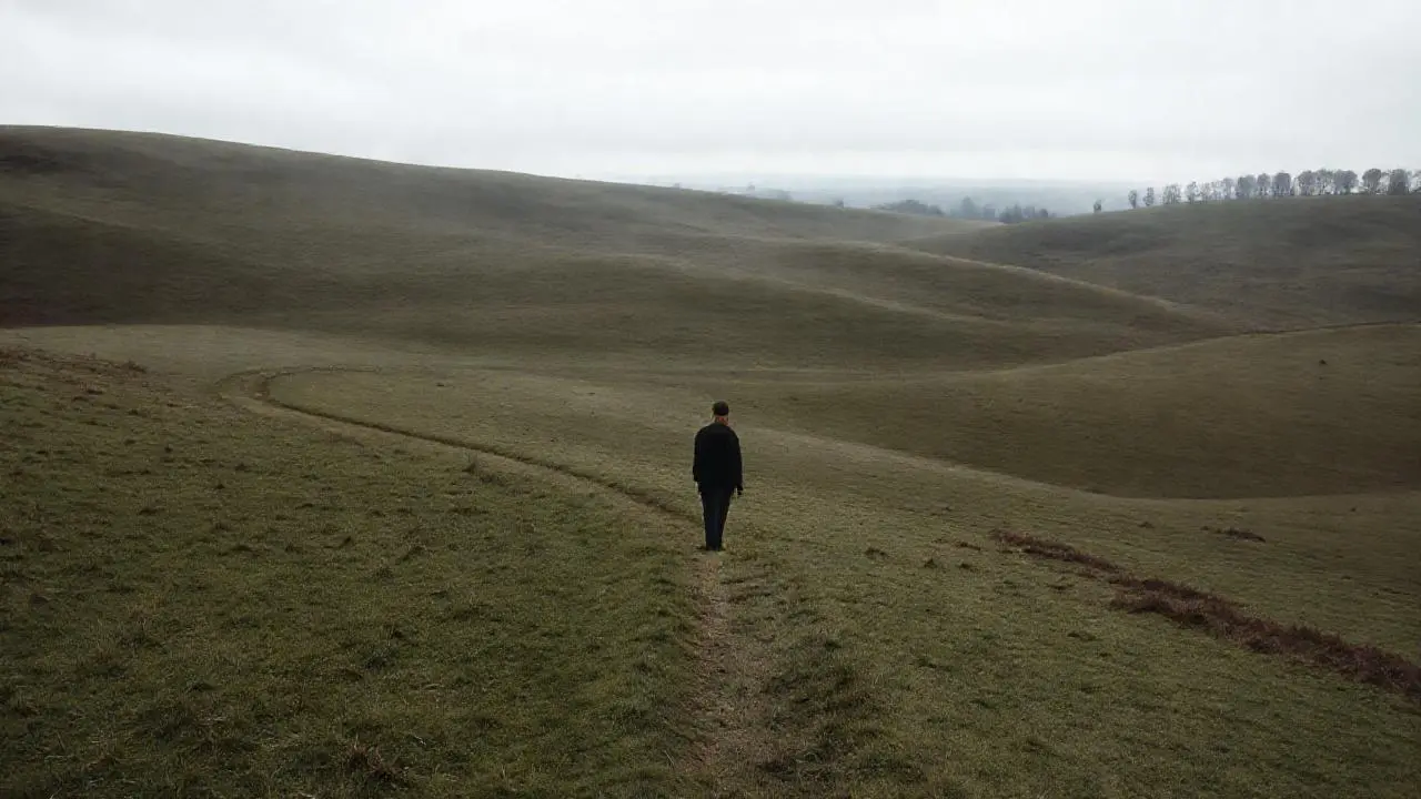 Paisaje tranquilo, figura solitaria en la distancia