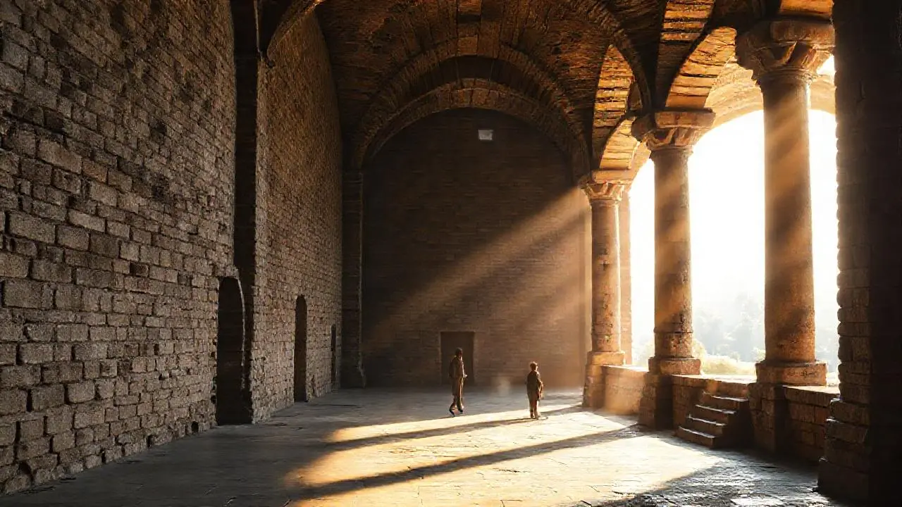 Espacio antiguo, sereno y tenuemente iluminado