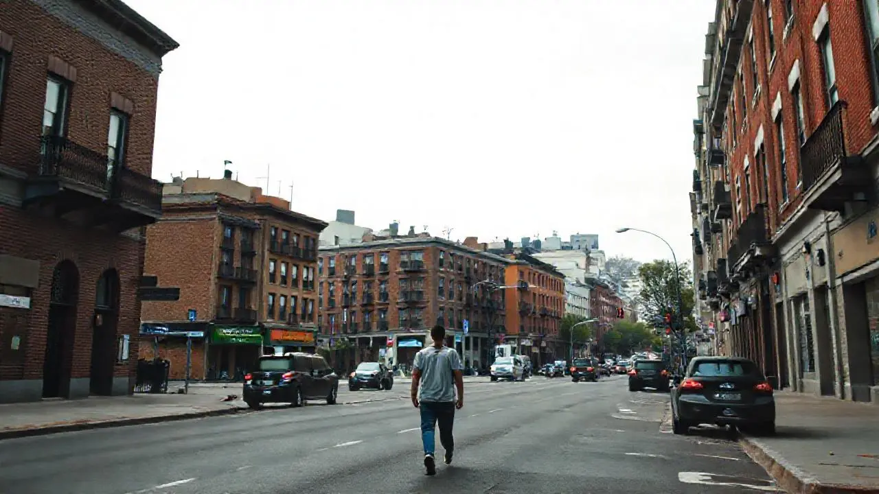 Calle urbana, ambiente tranquilo y ligeramente brumoso
