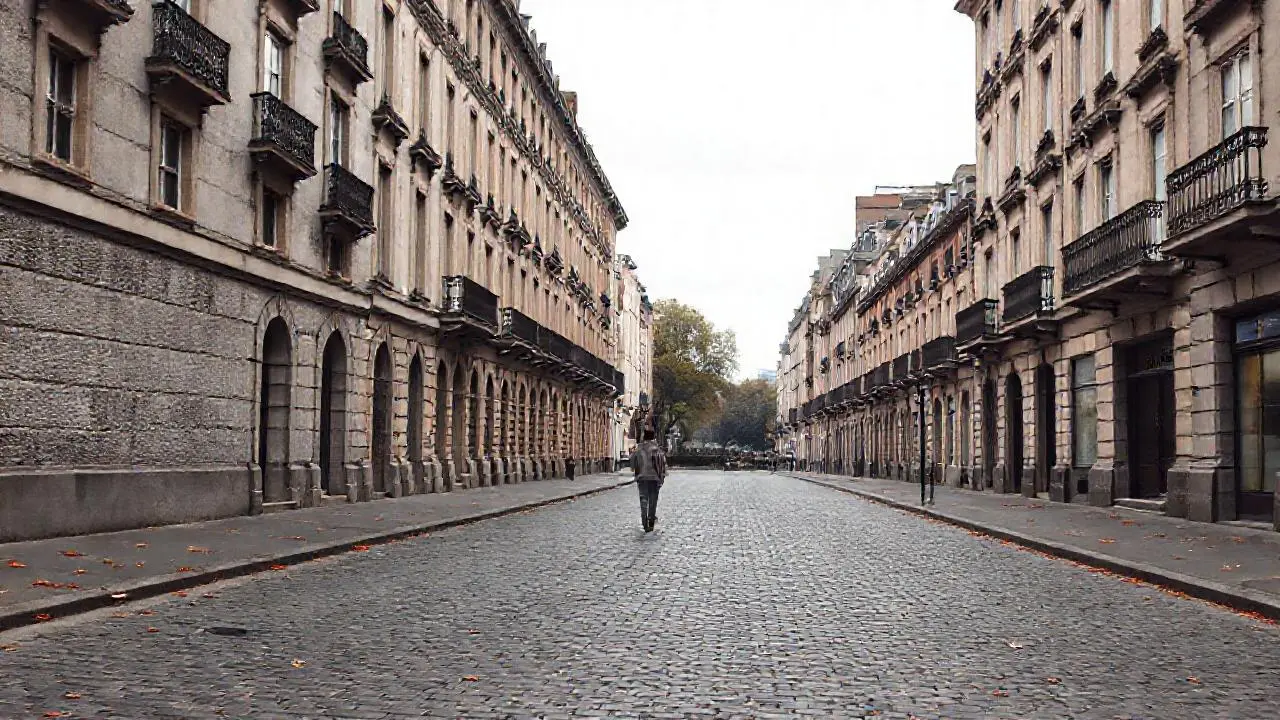 Calle urbana gris, atmósfera tranquila y difusa