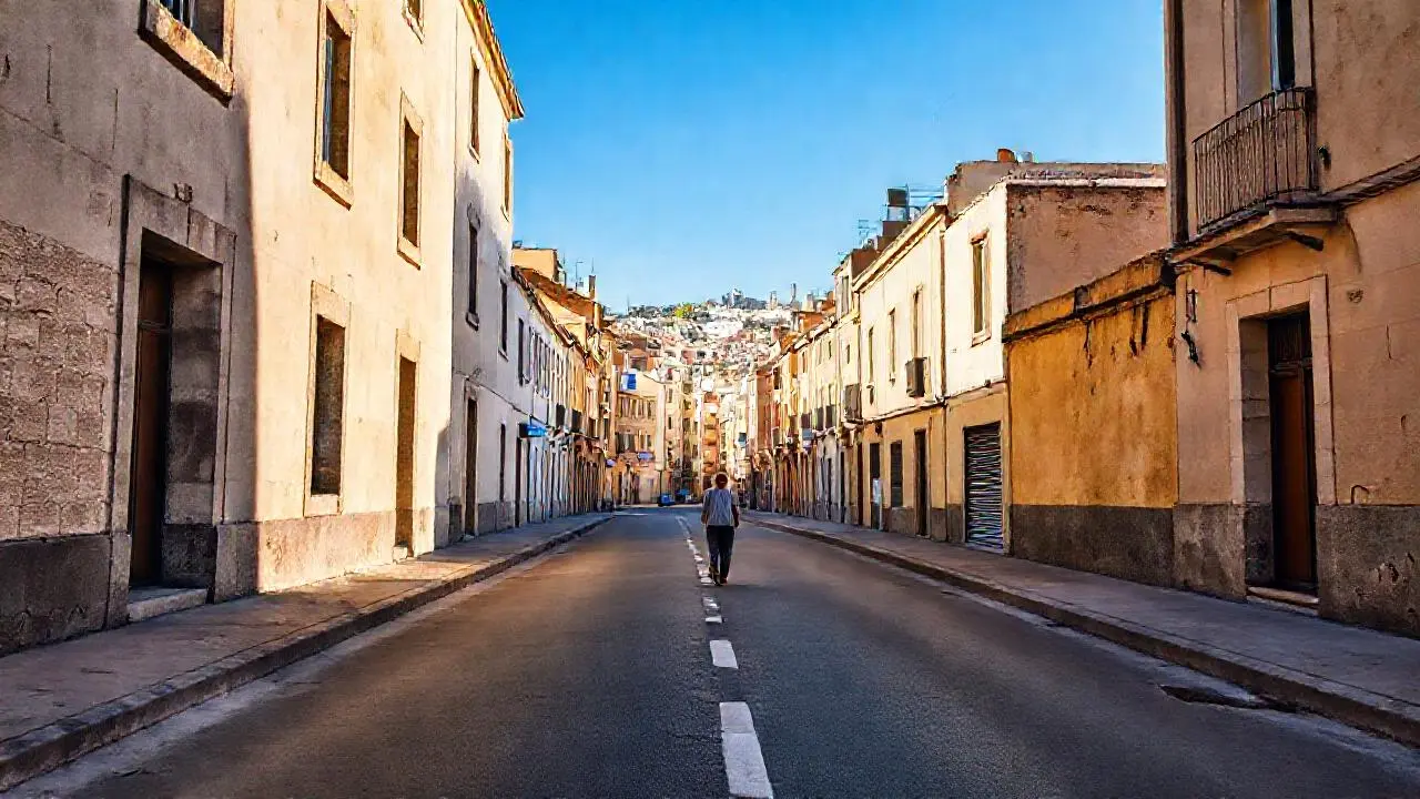 Calle urbana tranquila, luz suave y cálida