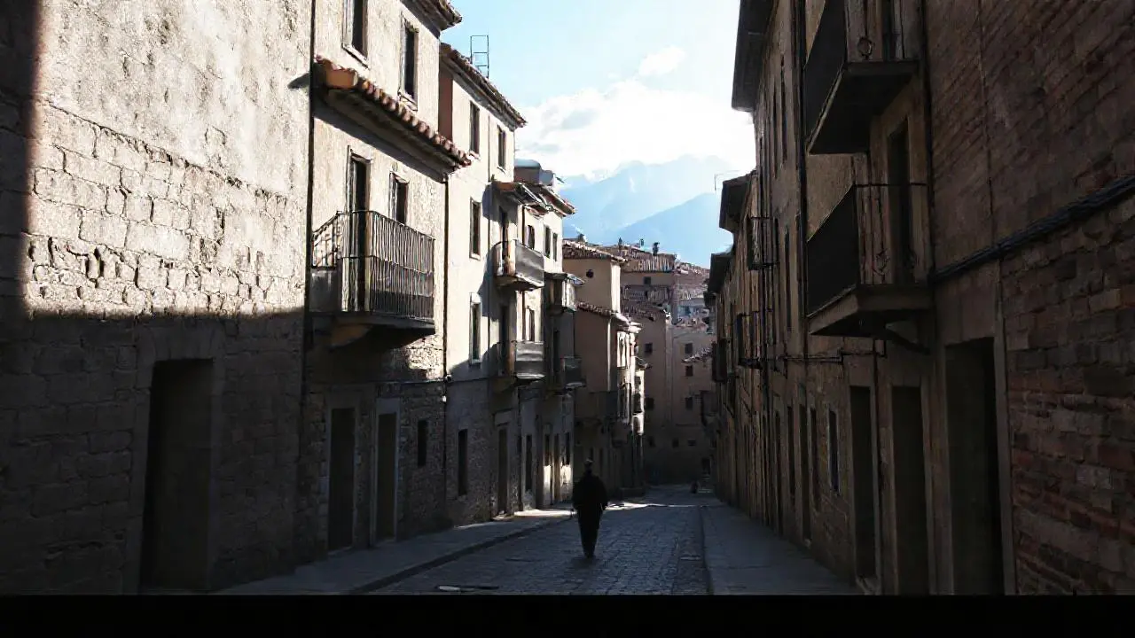 Ciudad antigua, tranquila y ligeramente brumosa