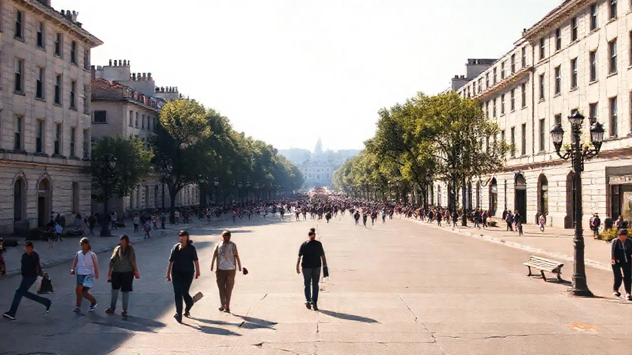 Calle urbana tranquila, luminosa y bulliciosa