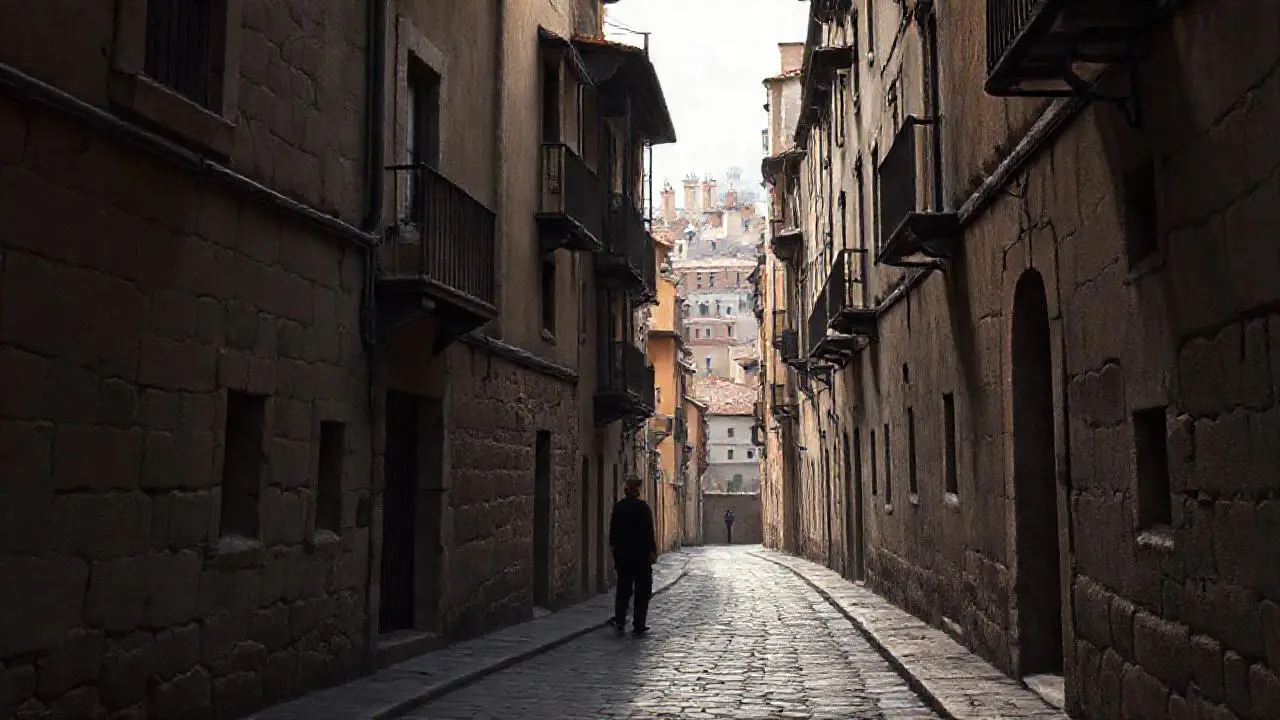 Vieja calle empedrada, atmósfera tranquila y realista