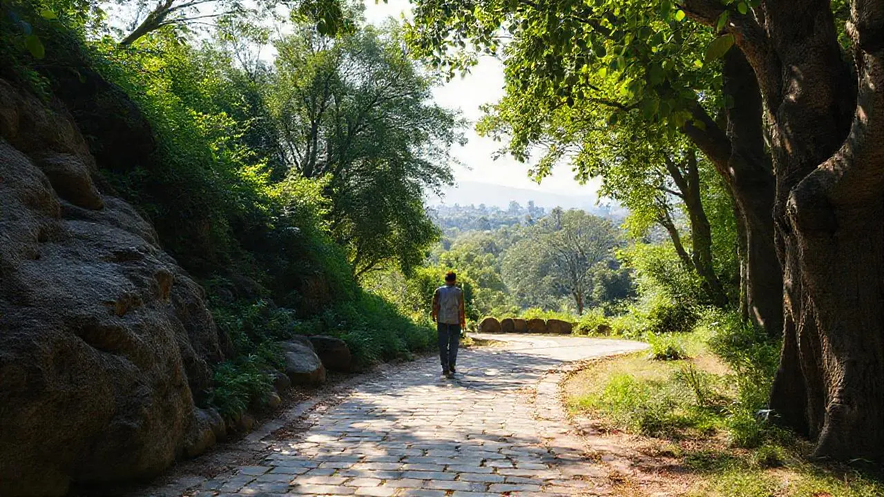 Paisaje natural sereno con un hombre caminando