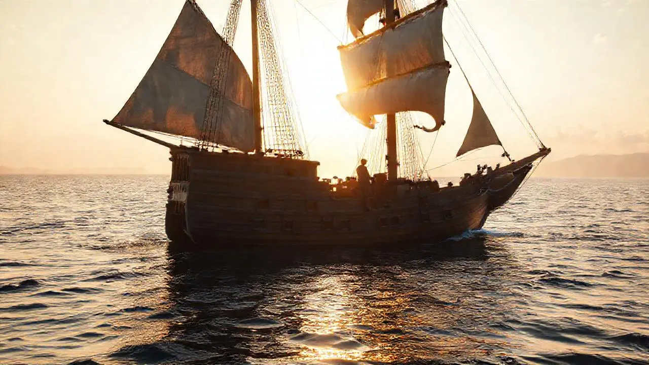 Un barco pirata en calma, luz dorada