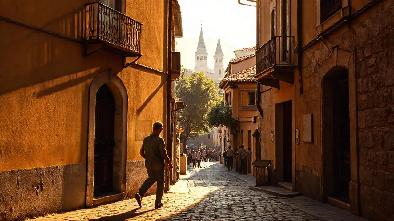Escena urbana antigua, cálida y nostálgica