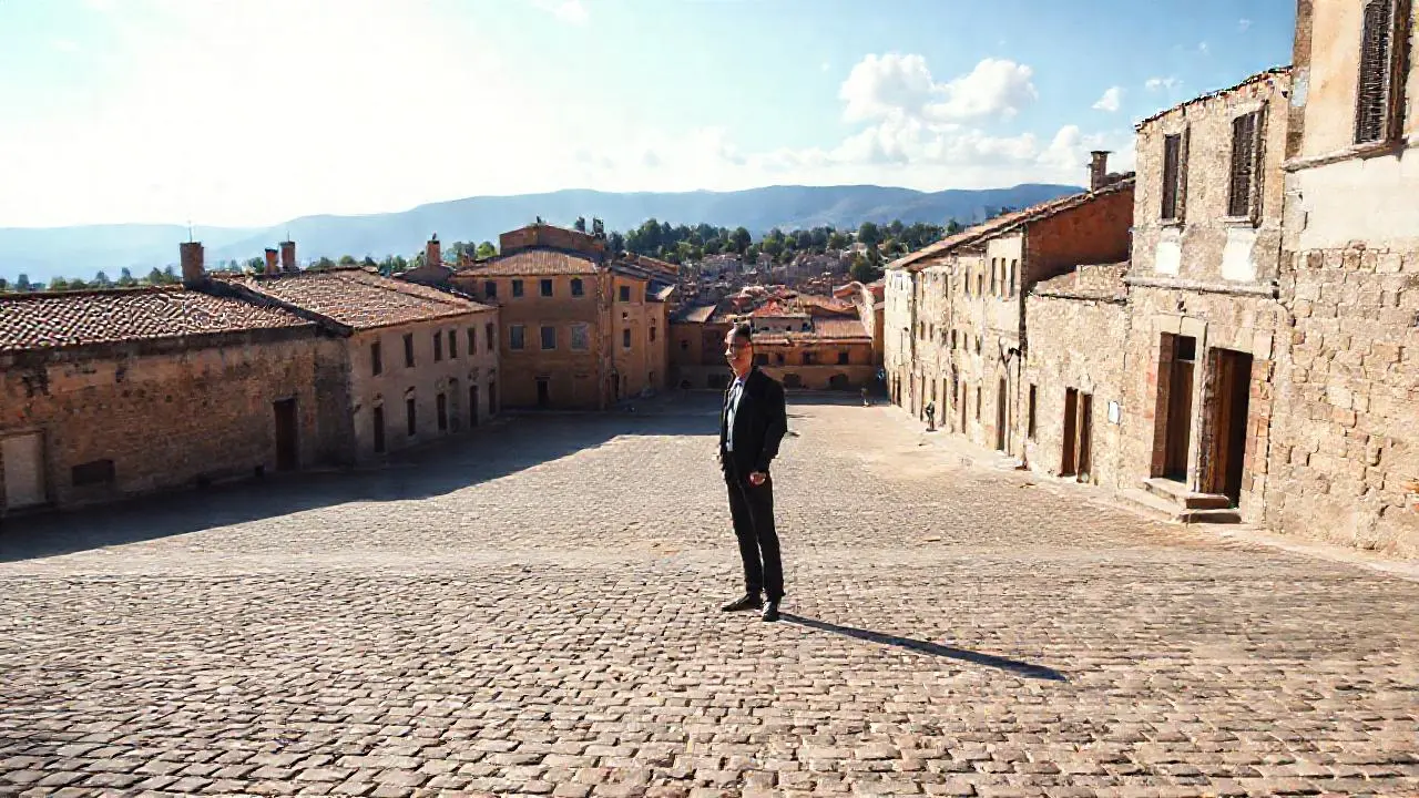 Plaza antigua, luz suave y hombre