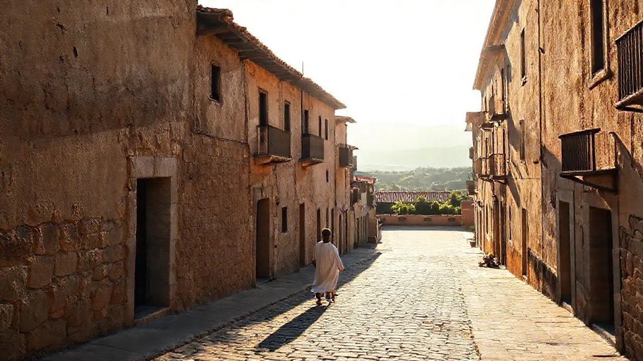 Pueblo español antiguo, cálido y tranquilo