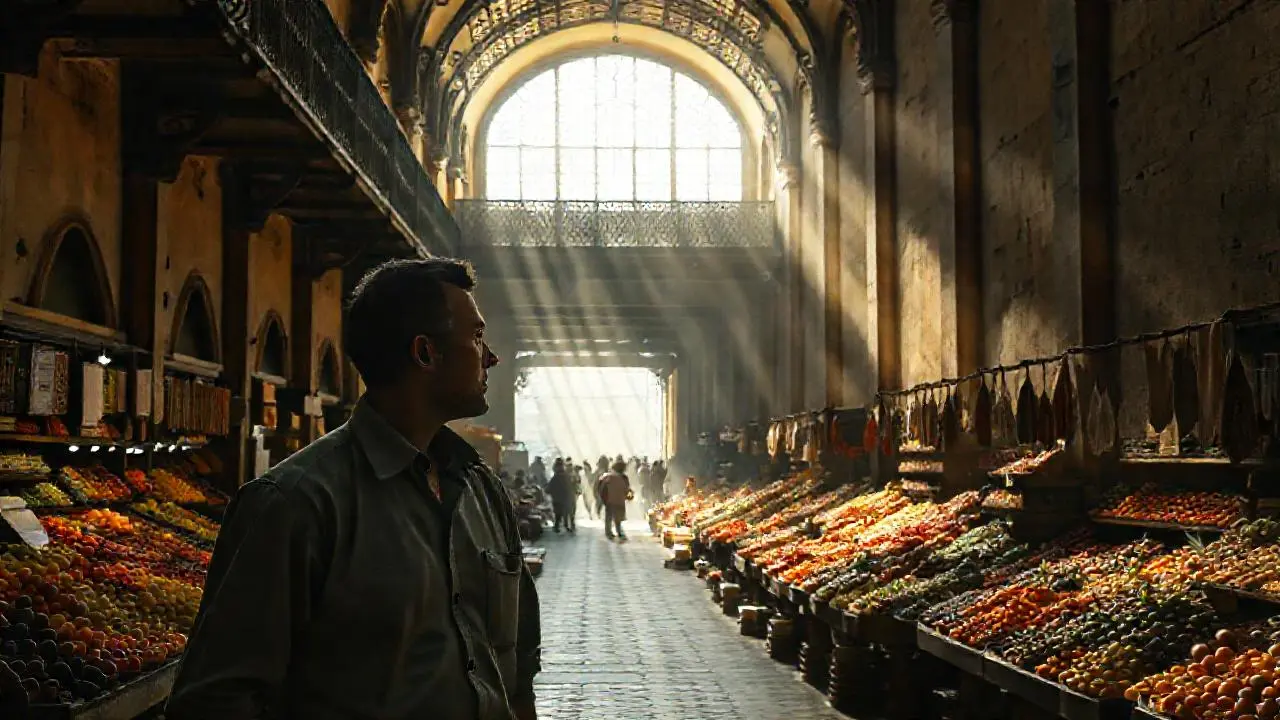 Mercado antiguo, luminoso y lleno de vida