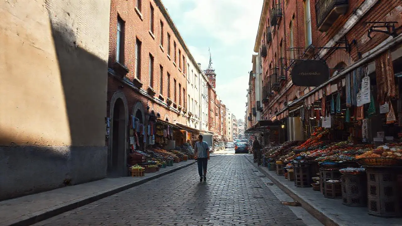 Calle adoquinada y bulliciosa con ambiente antiguo