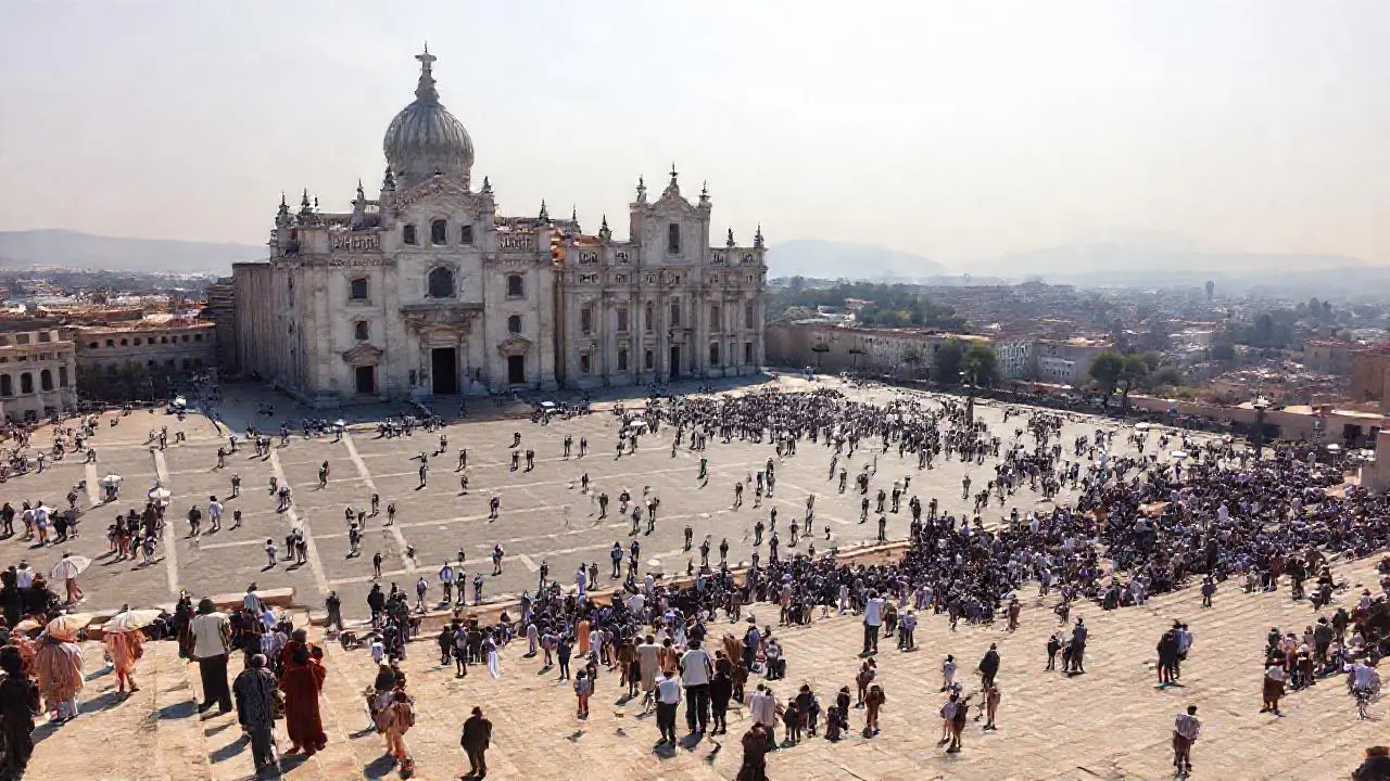 Imponente basílica, multitud bajo cielo brumoso