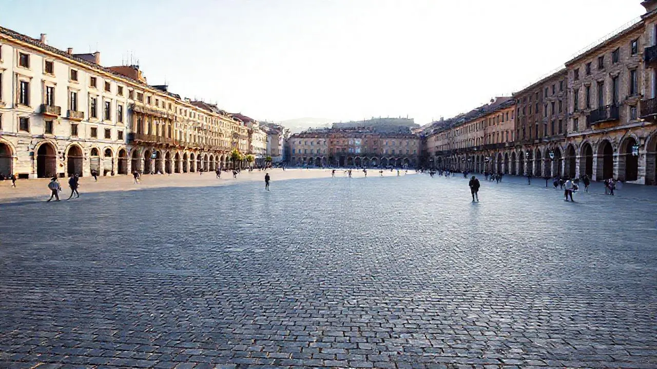 Plaza urbana luminosa, espaciosa y tranquila