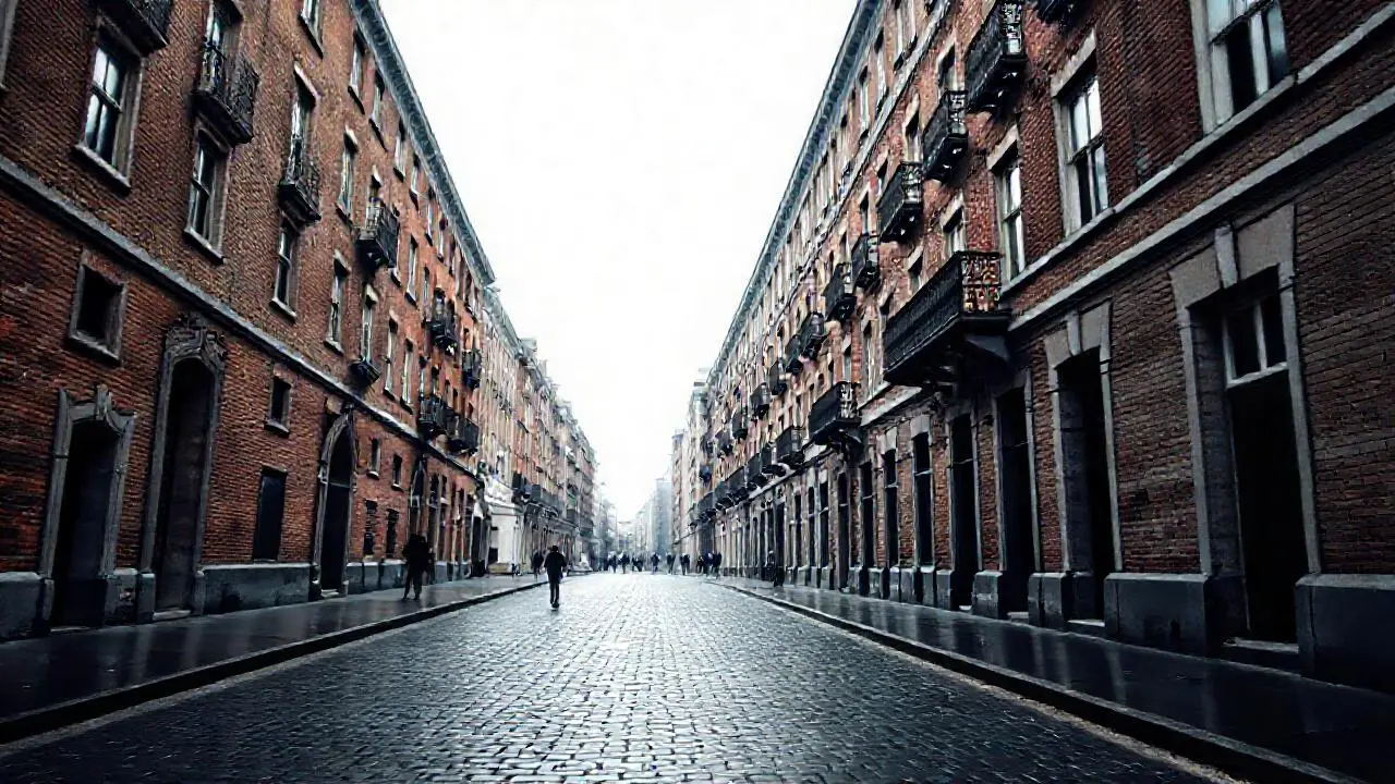 Calle húmeda y silenciosa en ambiente urbano