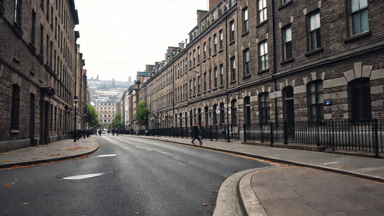 Calle urbana gris, atmósfera tranquila y difusa